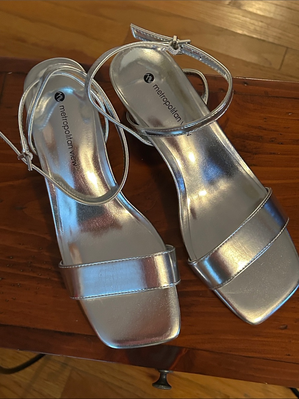 Metropolitan View Silver Ankle-Strap Block Heel Sandals- NWT